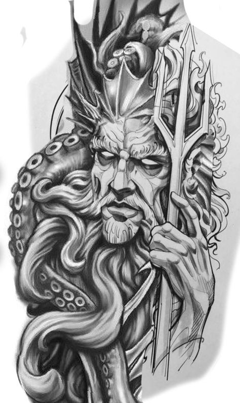 Triton Tattoo Men, Poseidon Kraken Tattoo, Poseidon Tattoo Sleeve, Poseidon Tattoo Design Greek Mythology, Posiden Tattoo Design, Kraken Tattoo Design, Poseidon Tattoo Design, Poseidon Drawing, Tentacle Tattoo