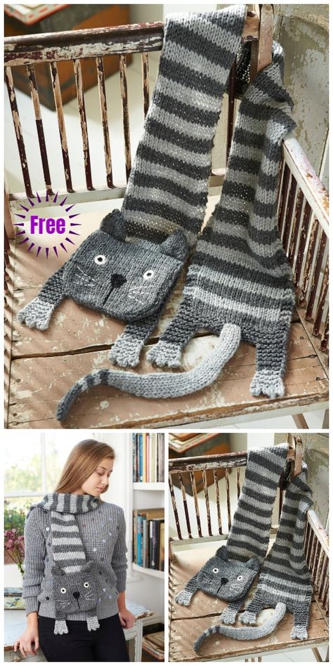 Knit Tabby Cat Scarf Free Knitting Pattern Tricot Harry Potter, Cat Scarf Pattern, Knitting Patterns Free Scarf, Cat Scarf, Knitted Cat, Knitting Blogs, Scarf Knitting Patterns, Crochet Cat, Knitting For Kids