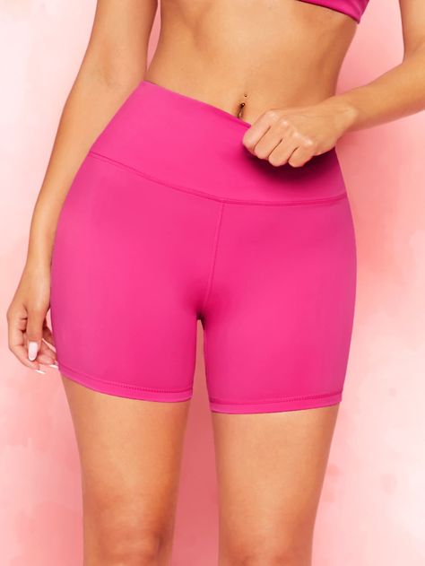 Hot Pink  Collar  Knitted Fabric Plain Seamless Embellished Medium Stretch All Women Activewear Lululemon Biker Shorts, Glitter Shorts, Workout Shorts Women, Hot Pink Shorts, Black Biker Shorts, Sports Shorts Women, Hot Pink Color, Women Sports, Active Wear Shorts