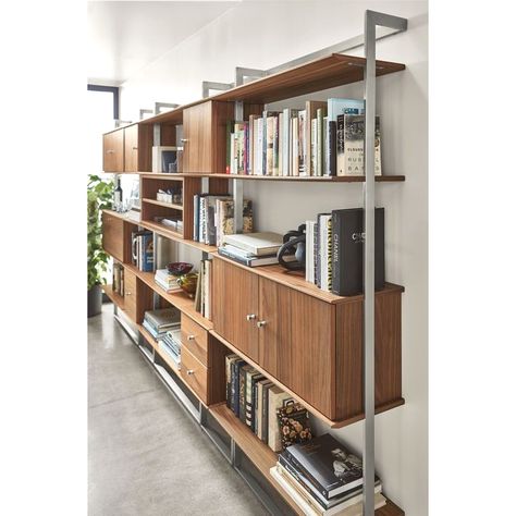 #organization #diystorage #storageideas Room And Board Beam Bookcase, Bookshelves Over Sofa, Modern Shelves Living Room, Storage Wall Ideas, Wall Unit Shelving, Mid Century Shelving Unit, Wall Mounted Bookcase, Mid Century Wall Unit, Wall Mounted Shelving Unit