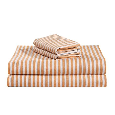 Estella Orange Grey Striped 100% Cotton Sheet Set with Pillowcase - Bed Bath & Beyond - 39912847 White Linen Sheets, Orange Sheets, Reversible Comforter, Fitted Bed Sheets, Floral Bedding, Striped Sheets, Bedding Basics, Linen Sheets, Cotton Sheet Sets