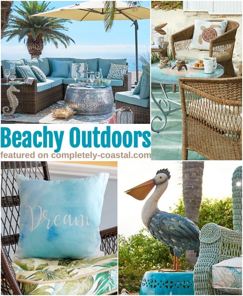 Beach Themed Patio Ideas, Beach Theme Outdoor Decor Patio, Beachy Patio Ideas, Patio Beach Theme, Outdoor Beach House Decor, Beach Patio Decor, Beach House Patio Coastal, Beach Theme Patio Ideas Outdoor Living, Beach Deck Ideas