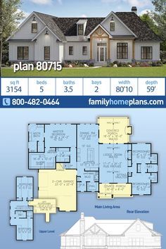 House Plans For Family Of 5, One And A Half Story House, House Floor Plans With Basement, 5 Bedroom Ranch House Plans, Floor Plan Two Story, Sims Blueprints, Dreamy Cottage, 6 Bedroom House Plans, Southern Style House Plans