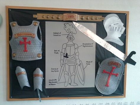 Armor of God bulletin board Armour Of God Bulletin Board, Armor Of God Vbs Decorations Vacation Bible School, Armor Of God Trunk Or Treat, Armor Of God Bulletin Board Ideas, Armour Of God Vbs Decorations, Armor Of God Decoration Ideas, Armor Of God Decorations, Diy Armor Of God, Medieval Vbs Decorations