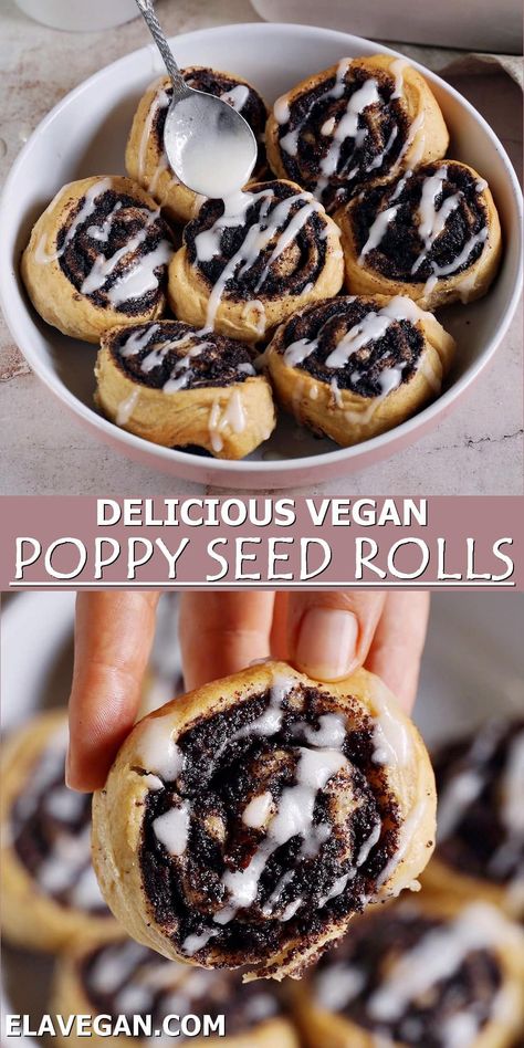 These poppy seed yeast rolls are a popular European bakery classic, perfect for dessert or breakfast. A slightly sweet yeast dough is filled with a flavorful poppy seed filling and baked to perfection. The rolls can be prepared gluten-free or with regular flour, plus they are dairy-free, egg-free, and therefore, 100% vegan! #poppyseedroll #poppyseeds #yeastrolls #veganrolls #glutenfreerolls #elasrecipes | elavegan.com Poppy Seed Dessert, Poppy Seed Rolls, Poppy Seed Recipes, Sweet Yeast Dough, European Bakery, Ella Vegan, Poppy Seed Filling, Dairy Free Keto Recipes, Gluten Free Dough