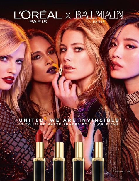 An image from L'Oreal Paris x Balmain lipstick campaign Ads Lipstick, Ysl Makeup, Beauty Advertising, Makeup Ads, Campaign Fashion, Ysl Beauty, Dark Brown Hair Color, Beauty Companies, Models Makeup