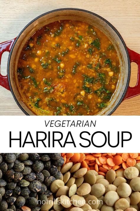 This vegetarian harira soup recipe is easy to make and uses a ton of spices and bright, complex flavours. Harira Recipe, Moroccan Chickpea Soup, Harira Soup, Moroccan Soup, Moroccan Chickpea, Clean Eating Soup Recipes, Clean Eating Soup, Moroccan Cooking, Chickpea Soup