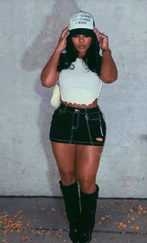 Big Latto Concert Outfit, Hat Outfits Black Women, Club Outfits For Women Night, Baddie Airport Outfits, Club Outfits For Women Night Baddie, Outfits With Mini Skirts, Big Latto, Outfits Black Women, Hat Outfits