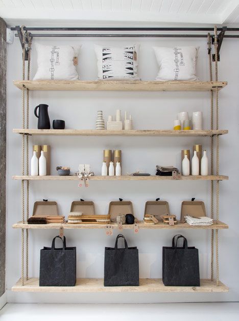 Folklore by Danielle and Rob Reid Rustic Wood Shelving, Display Visual Merchandising, Yabu Pushelberg, Decor Studio, Retail Shelving, Store Interiors, Rope Shelves, Interior Display, Shop Fronts