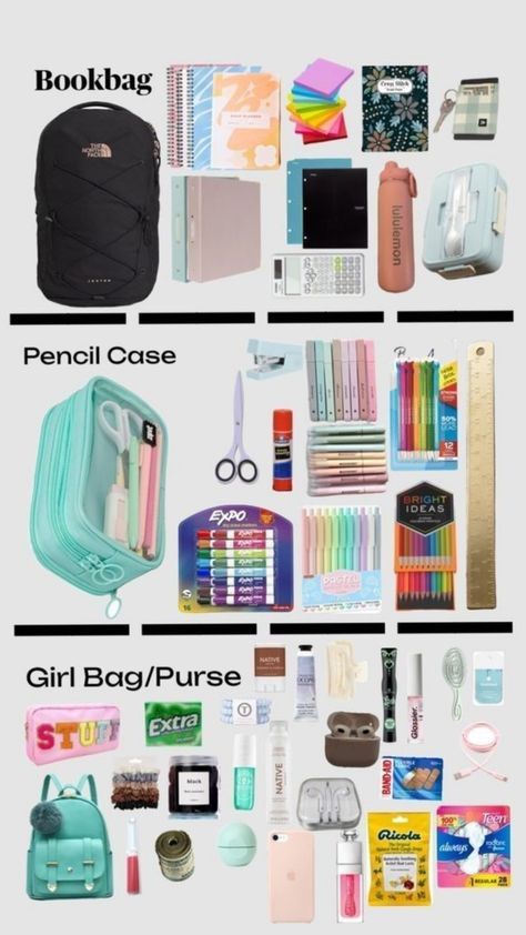 Bag Essentials School, Outfits Middle School, School Bag Organization, Schul Survival Kits, School Outfits Middle School, Middle School Essentials, School Emergency Kit, School Backpack Essentials, Preppy School Supplies