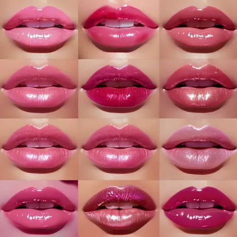 ↑↑↑ Larger size on website 🔸 A collage of twelve close-up photos showcasing various shades of pink and red glossy lipstick. Each  🔸 From Midjourney AI Image Pink Glossy Lips, Glossy Lipstick, Glossier Lipstick, Lip Shapes, Glossy Lips, A Collage, Shades Of Pink, Pink And Red, Close Up Photos