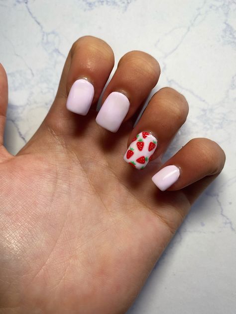 Strawberry Nails Acrylic Short, Strawberry Accent Nail, Short Strawberry Nails, Strawberry Gel Nails, Strawberry Nails Short, Strawberry Nails Acrylic, Nail Art Strawberry, Strawberry Nails Designs, Strawberry Nail Designs