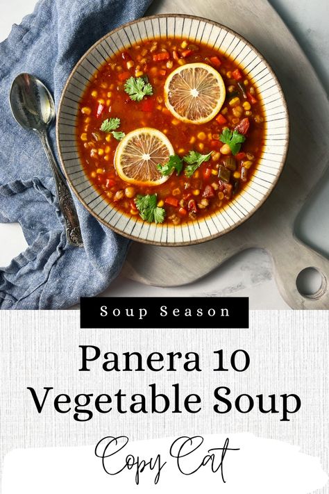 Panera 10 vegetable soup recipe is so easy to make at home. This soup launched to Panera customers in 2019. Garden vegetable soup is one of the lowest calorie soups you can get at your local Panera bread restaurants. And now you can make this under 300 calorie soup at home! Panera’s new soup was the only vegan soup introduced in 3 years as part of a push to introduce plant based meals. Give this a try, soon. #soup #coldweatherfood #recipes #lowcalorie #easyrecipes Panera 10 Vegetable Soup, 10 Vegetable Soup, Garden Vegetable Soup, Plant Based Meals, Low Calorie Soup, Vegetable Soup Recipe, Under 300 Calories, Cold Weather Food, Garden Vegetable