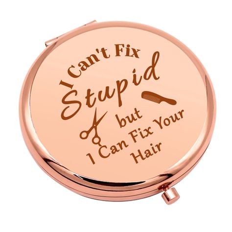 PRICES MAY VARY. Hairstylist Gift Ideas：Personal makeup mirror engraved with 'I Can't Fix Stupid But I Can Fix Your Hair.' This haircut lover's gift is a great way to show appreciation to the hairdresser. Thank you gifts for hairdresser, adorable way to express gratitude and appreciation to a special hair stylist. It makes a great gift for any hair stylist, beautician for any special moment. Birthday Gifts for Hairdresser：Our hair stylist travel makeup mirror is the perfect gift as a hair stylis Gifts For Cosmetology Students, Gifts For Hairstylist, Mirror For Hair, Hair Stylist Gifts Ideas, Best Hair Stylist, Cosmetology Student, Travel Makeup Mirror, Compact Makeup, Hairdresser Gift