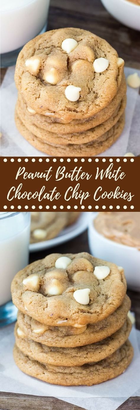 The softest, chewiest Peanut Butter Cookies . A perfect combo of sweet & salty - they taste just like a white chocolate peanut butter cup! White Chocolate Peanut Butter, Peanut Butter White Chocolate, Chewy Peanut Butter Cookies, White Chocolate Chip, White Chocolate Cookies, White Chocolate Chip Cookies, Chocolate Peanut Butter Cups, Peanut Butter Cup, Peanut Butter Cookie Recipe