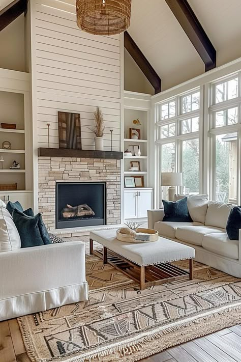 Wood Accent Wall Around Fireplace, Fireplace Room Divider Open Spaces, Shipload Fireplace Wall, Fireplace Ideas With Cathedral Ceilings, 2 Story Shiplap Fireplace Wall, Wood Wrapped Fireplace, Wood Accent Fireplace Wall, Small Den With Fireplace, Stone Fireplace Surround Ideas