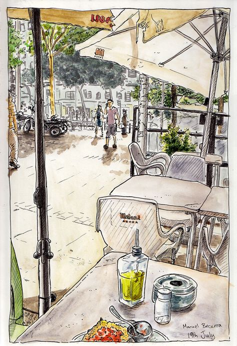 Breakfast in the Plaza Urban Topics Drawing, Cafe Sketching, Cafe Sketch, Painting Illustrations, Get Up Early, Going For A Walk, Urban Sketch, Food Illustration Art, House Sketch