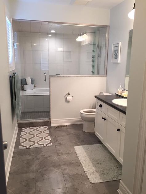 Wet Room With Half Wall, Half Wet Room Bathroom, Bathroom Dry And Wet Area Partition, Ensuite Bathroom Ideas Uk, Small Bathroom Wet Room, Small Bathroom Wet Room Ideas, Grey Wet Room, Wet Room Shower Walk In, Manufactured Home Bathroom