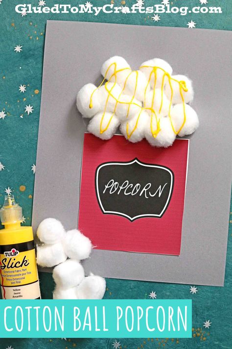 Cotton Ball Popcorn - Paper and Glue Kid Craft Idea Popcorn Craft Ideas, Popcorn Paper Crafts, Hollywood Graduation, Hollywood Crafts, Popcorn Craft, Popcorn Crafts, Theater Camp, Sport Themed Crafts, Cotton Ball Crafts