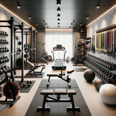 High End Home Gym, Narrow Home Gym, Gym Room At Home Luxury, Dream Home Gym Luxury Fitness Rooms, Gym In Garage, Luxury Gym Interior, Modern Gyms, House Gym Ideas, Modern Gym Interior Design