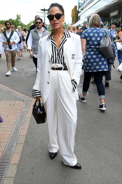 Tessa Thompson wearing a suit and striped shirt | For more style inspirations visit 40plusstyle.com Wimbledon Party, Ruth Wilson, Wimbledon Fashion, Wimbledon Tennis, Tennis Championships, Tessa Thompson, Floral Slip Dress, Maxi Coat, Edgy Style