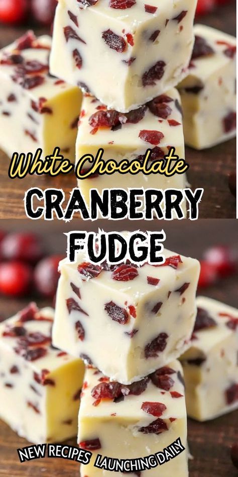 This White Chocolate Cranberry Fudge combines the creamy richness of white chocolate with the tartness of dried cranberries, creating a perfect balance of flavors. The fudge is incredibly smooth and velvety, melting in your mouth with every bite. The addition of cranberries not only adds a pop of festive color but also provides a burst of fruity goodness. White Chocolate Cranberry Fudge, Fudge With Condensed Milk, White Chocolate Fudge Recipes, Christmas Bark Recipes, Chocolate Fruit Cake, Cranberry Fudge, White Chocolate Cherry, White Chocolate Cranberry Cookies, Chocolate Cranberry