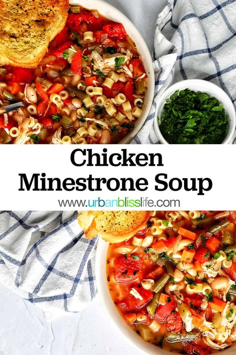 This healthy Chicken Minestrone Soup is packed with lots of fresh vegetables, chicken, pasta, and broth. It makes a lot of soup, and is a delicious family dinner that's also perfect for meal prep, freezer meals, potlucks, parties, and more! Get the recipe at UrbanBlissLife.com. Chicken Minestrone Soup Recipe, Meal Prep Freezer Meals, Prep Freezer Meals, Chicken Minestrone Soup, Meal Prep Freezer, Delicious Family Dinners, Minestrone Soup Recipe, Indian Chicken Recipes, Ditalini Pasta