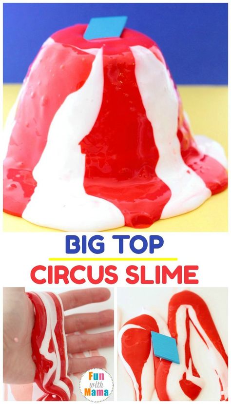 Big Top Circus Slime is perfect for a circus birthday party! Learn how to make slime. via @funwithmama Circus Theme Crafts Toddlers, Slime With Laundry Detergent, Circus Science, Moving Paintings, Circus Week, Make Slime For Kids, Camp Carnival, Preschool Circus, Circus Activities