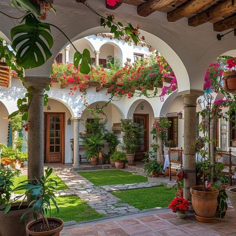 Mexican Home Design Exterior, Mexican Home Exterior Colors, Hacienda Style Backyard, Mexican Architecture House, Hacienda Style Garden, Spanish Villa Courtyard, House With Personality, Spanish Garden Hacienda Style, Spanish Courtyard Ideas