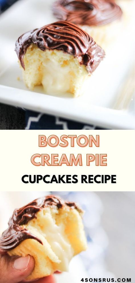 Filled Cupcakes Easy, Boston Cream Pie Cupcakes, Boston Cream Cupcakes, Cream Pie Cupcakes, Chocolate Buttercream Recipe, Get Stuffed, Yellow Cupcakes, Pie Cupcakes, Homemade Custard