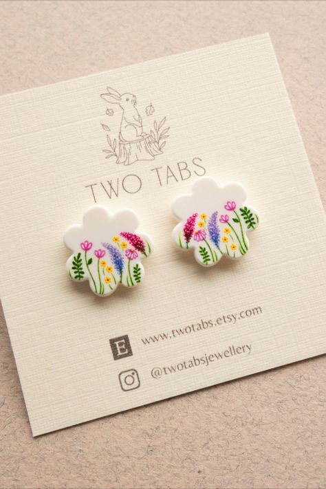 Clay Small Earrings, What Can You Make With Polymer Clay, Painted Clay Earrings Diy, Painting On Polymer Clay Earrings, Polymer Clay Painted Earrings, Small Clay Earrings Stud, Hand Painted Polymer Clay, Painted Polymer Clay Jewelry, Hand Painted Polymer Clay Earrings