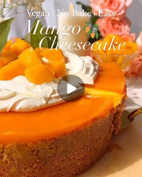 Vegan Mango Cheesecake, Mango Cheesecake Recipe, Mango Cut, Mango Jelly, Mango Pulp, Mango Cheesecake, Vegan Cream, Buttery Biscuits, Cheesecake Filling