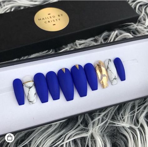 Grey Nails Matte, Blue And Grey Nails, Blue Gold Nails, Softball Cheers, Grey Nails, Royal Blue Nails, Business Nails, Luxury Press On Nails, Wow Nails