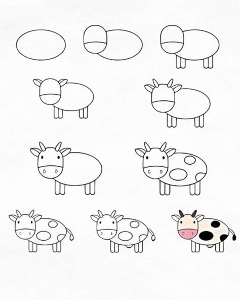 Easy Cow Drawing, Cow Drawing Easy, Kids Drawing Ideas, Cow Drawing, Drawing Tutorials For Kids, Easy Drawings For Kids, A Cow, Sketches Easy, Drawing For Kids