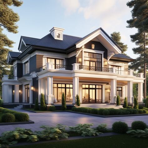 Wooden house in American classic style Classic House Exterior Luxury, Classic American Home, Mediterranean Homes Exterior, Bungalow Style House Plans, Classical House, Classic House Exterior, American Houses, American House, Gorgeous Houses