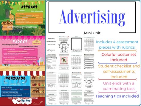 In this advertising unit, students will be asked to identify and create their own techniques in a series of wonderful activities. This unit includes graphic organizers, checklists, rubrics, teaching tips, self assessments and more. Also included is a colorful and engaging poster set about the purpose of advertisements. Advertisement Poster For School Project, Media Literacy Lessons, Persuasive Techniques, Advertising Techniques, Career Exploration, Literacy Lessons, Media Literacy, Teaching Life, Character Education