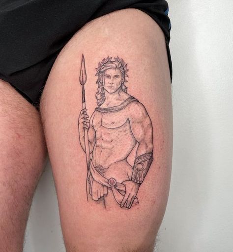 Male Pinup Tattoo Design, Achilles Tattoo Design, Male Pinup Tattoo, Achilles And Patroclus Tattoo, Song Of Achilles Tattoo, Achilles Tattoo, Achilles Patroclus, First Tattoo Ideas, Geometric Line Tattoo