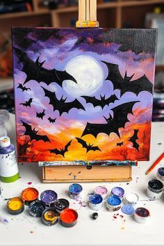 Kids Halloween Canvas Painting Ideas, Acrylic Painting Canvas Halloween, Halloween Witch Painting Ideas, Halloween Crafts On Canvas, Paint Night Halloween, Spooky Paintings Easy Step By Step, Halloween Painting Ideas For Beginners, Spooky Halloween Canvas Painting, Halloween Sunset Painting