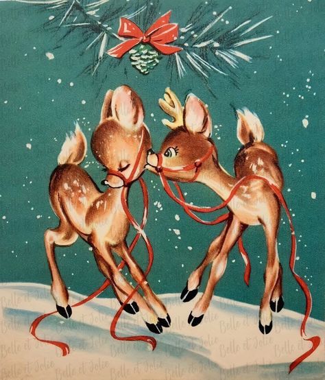 Vintage Christmas Cards 1950s, Vintage Holiday Cards, Vintage Reindeer, Deer Fawn, Vintage Christmas Greeting Cards, Christmas Ephemera, Vintage Christmas Images, Christmas Greeting Card, Old Fashioned Christmas