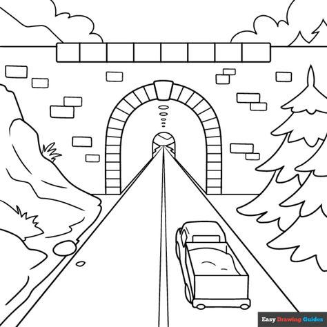 Free Easy Tunnel in One-Point Perspective Coloring Page for Kids Tunnel Drawing Easy, Tunnel Perspective Drawing, One Point Perspective Drawing Easy, Train Tunnel Drawing, Tunnel Drawing, Tunnel Illusion, One Point Perspective Elementary Art, Perspective Pictures, Easy Drawing Guides