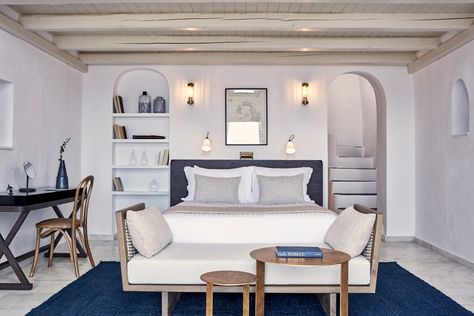 Homeric Poems Hotel in Santorini by Interior Design Laboratorium Greek Interior Design, Hotel Room Design Plan, Mediterranean Interior Design, Mediterranean Interior, Santorini Hotels, Hotel Room Design, Beach House Design, Room Planning, Custom Made Furniture