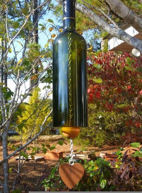 How To Make A Wine Bottle Wind Chime | Hometalk Diy Windchimes, Glass Bottle Diy Projects, Diy Recycle Bottles, Bottle Wind Chimes, Bottle Chimes, Wine Bottle Wind Chimes, Empty Glass Bottles, Glass Bottle Diy, Bottle Craft