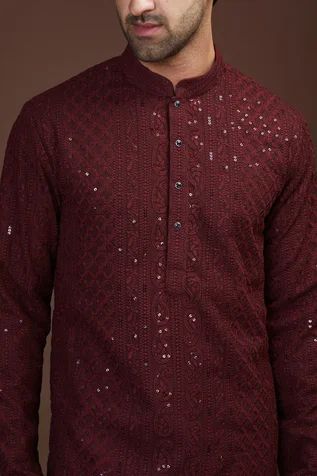 Shop for Kasbah Wine Georgette Paisley Pattern Chikankari Kurta for Men Online at Aza Fashions Mehroon Kurta For Men, Wedding Kurtas Mens, Maroon Kurta For Men, Maroon Kurta Men, Red Kurta For Men, Trending Kurta For Men, Men Ethnic Wear India, Chikankari Kurta For Men, Traditional Indian Mens Clothing