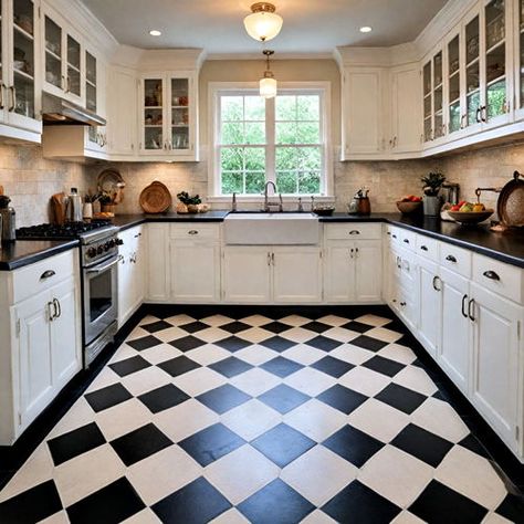 30 Painted Floor Ideas To Revitalize Your Home's Style Painted Floorboards Kitchen, Diy Painted Checkerboard Floor, Kitchen Floor Stencil Ideas, Beige Checkered Floor, White Kitchen Flooring Ideas, Painted Tile Floors, Painted Floor Ideas, Painted Kitchen Floors, Checkered Floor Kitchen