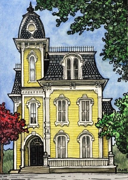 Yellow House Victorian House Painting Art, House Illustrations, Building Illustration, House Sketch, Yellow House, House Illustration, Victorian Architecture, Victorian Houses, Victorian House