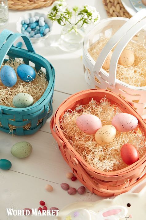 A sweet beginning for any gift, our DIY Easter basket kit features a woven wood-slat basket that's available in coral, blue or white. Complete with excelsior filling, a clear plastic bag and raffia ties to wrap up the whole package, this basket is ready to be stuffed with candies, toys and treats to create a memorable Easter morning or springtime gift. #WorldMarket #Easter #EasterBaskets Diy Easter Basket, Easter Morning, Easter Basket Diy, Woven Wood, Clear Plastic Bags, Entertaining Essentials, Easter Gift Baskets, Holiday Essentials, Easter Brunch