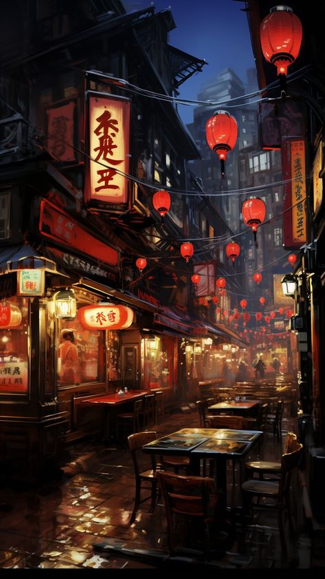 Chinatown Concept Art, Tokyo Aesthetic Wallpaper Desktop, Steampunk Japan, Jungle City, Aesthetic Buildings, Red District, Japanese Punk, Scene Ideas, Tokyo Aesthetic