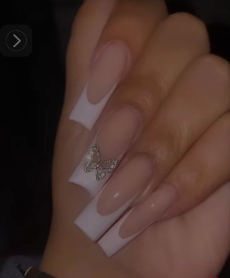 Nails Acrylic White Butterfly, White Nails With Purple Butterflies, White Nails With Butterfly Charm, French Tip Nails With Butterfly, White Nails With Butterflies, Butterfly Charm Nails, White Butterfly Nails, Mail Inspo, Classy Acrylic