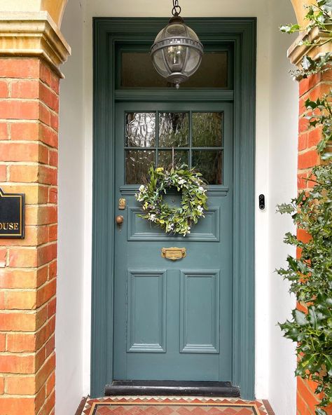 Bryony and Tom on Instagram: “Well I might have just got caught in a mini hail storm BUT it’s officially spring and tis the season for a spring wreath! Bought this one…” Period Front Door Colours, Farrow And Ball Inchyra Blue Front Door, Porch Door Uk, Front Door Ideas Traditional, Duck Egg Blue Front Door Entrance, Brick House Colored Door, Inchyra Blue Front Door, Powder Blue Front Door, Coloured Front Doors