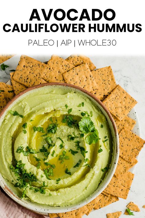 This avocado hummus is a paleo and AIP take on the classic that's perfect for dipping and snacking! It's nut and seed-free and made with cauliflower and avocado. Green Hummus, Paleo Hummus, Gluten Free Hummus, Vegan Easter Recipes, Edamame Hummus, Cauliflower Hummus, Roasted Red Pepper Hummus, Avocado Hummus, Easy Hummus